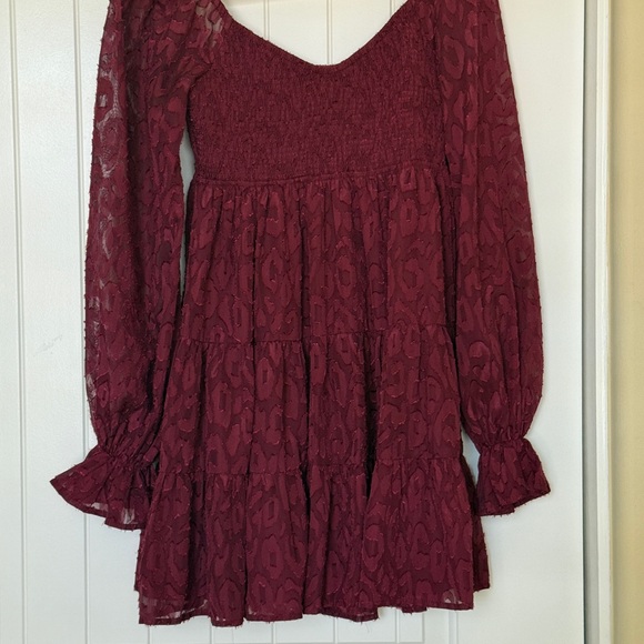 Vici leopard appliqué wine colored flounce smocked & tiered dress. So pretty! - Picture 3 of 9